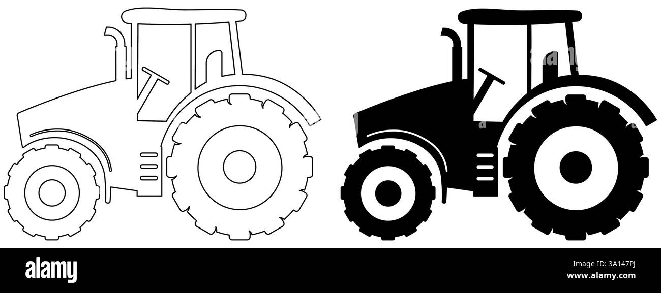 Traktorsymbol in Silhouette- und Umrissversionen, grafisches Element für landwirtschaftliche Landmaschinen Stock Vektor