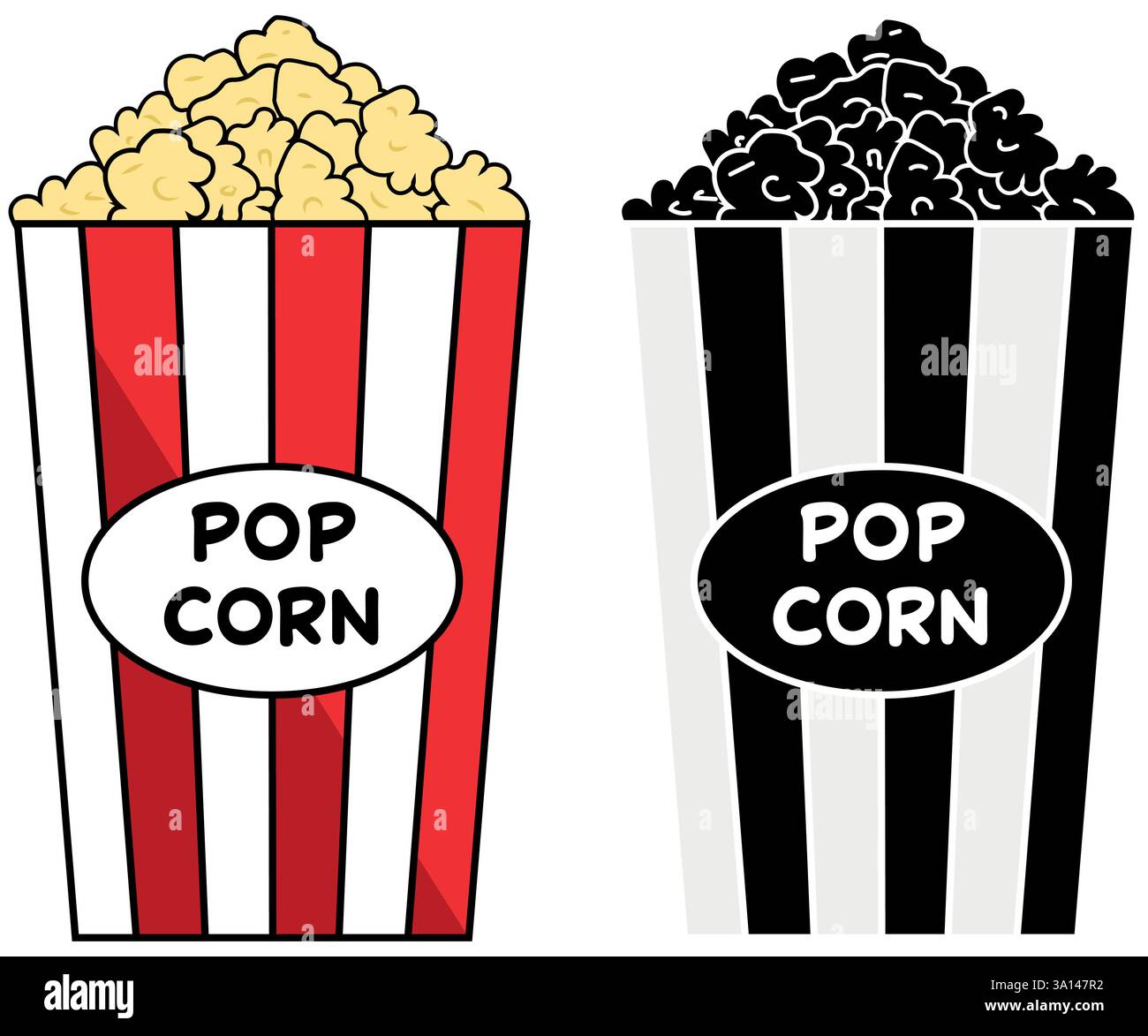 Popcorn Eimer Illustration in Farbe und Schwarzweiß, Filme oder Kino köstliche Maissnack Designelement Stock Vektor