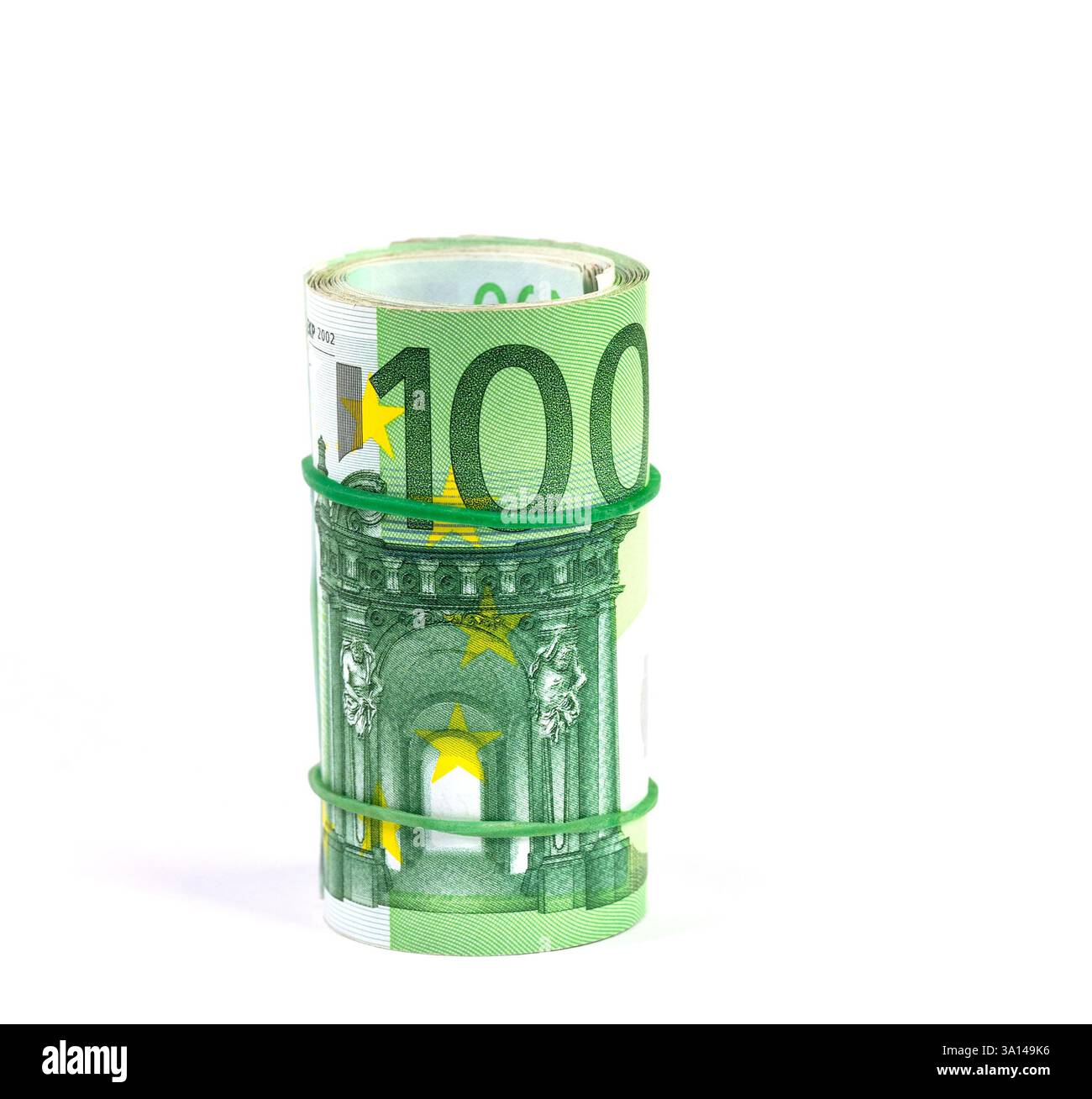 Viele Hundert-Mark-Scheine rollten vor einem weißen Hintergrund Stockfoto