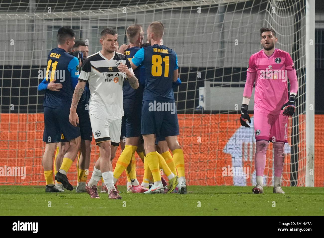 Celje players celebrate their opening goal during the Conference League round of 16 first leg soccer match between Celje and Lugano in Celje, Slovenia, Thursday, March 6, 2025. (AP Photo/Darko Bandic) Stockfoto