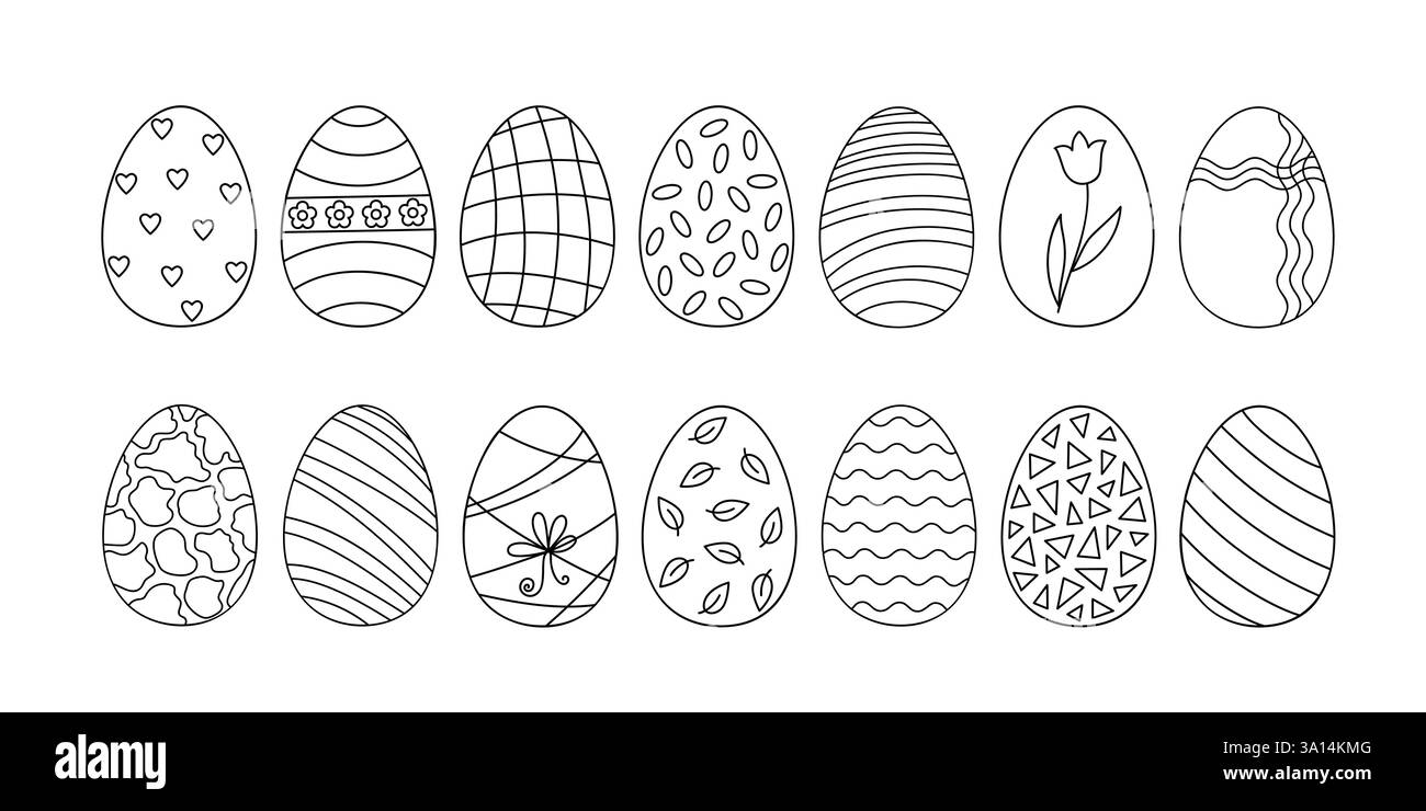 Osterfeierssymbol umrissen verzierte Eier in einfacher Kritzelvektor-Illustration für Frühling festliche Zeit Dekor, Malseite, Grußkarten, Einladungen, Banner, Aktivitäten für Kinder Stock Vektor
