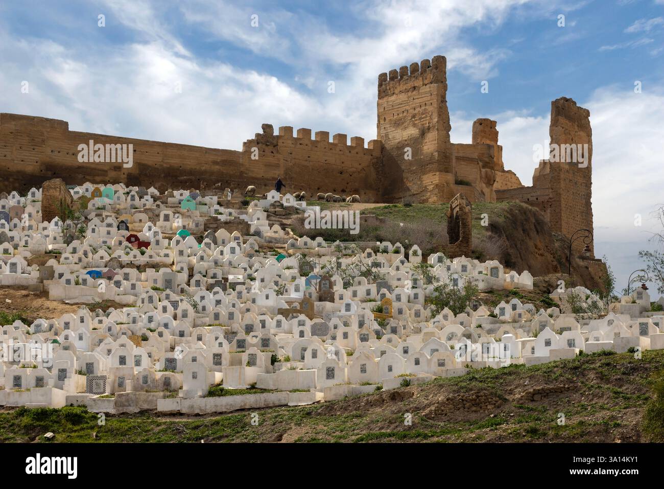 Bab Guissa ist das Haupttor im Nordwesten mit einem nahe gelegenen Friedhof von Fes el Bali, der alten ummauerten Stadt Fes, Marokko. Stockfoto