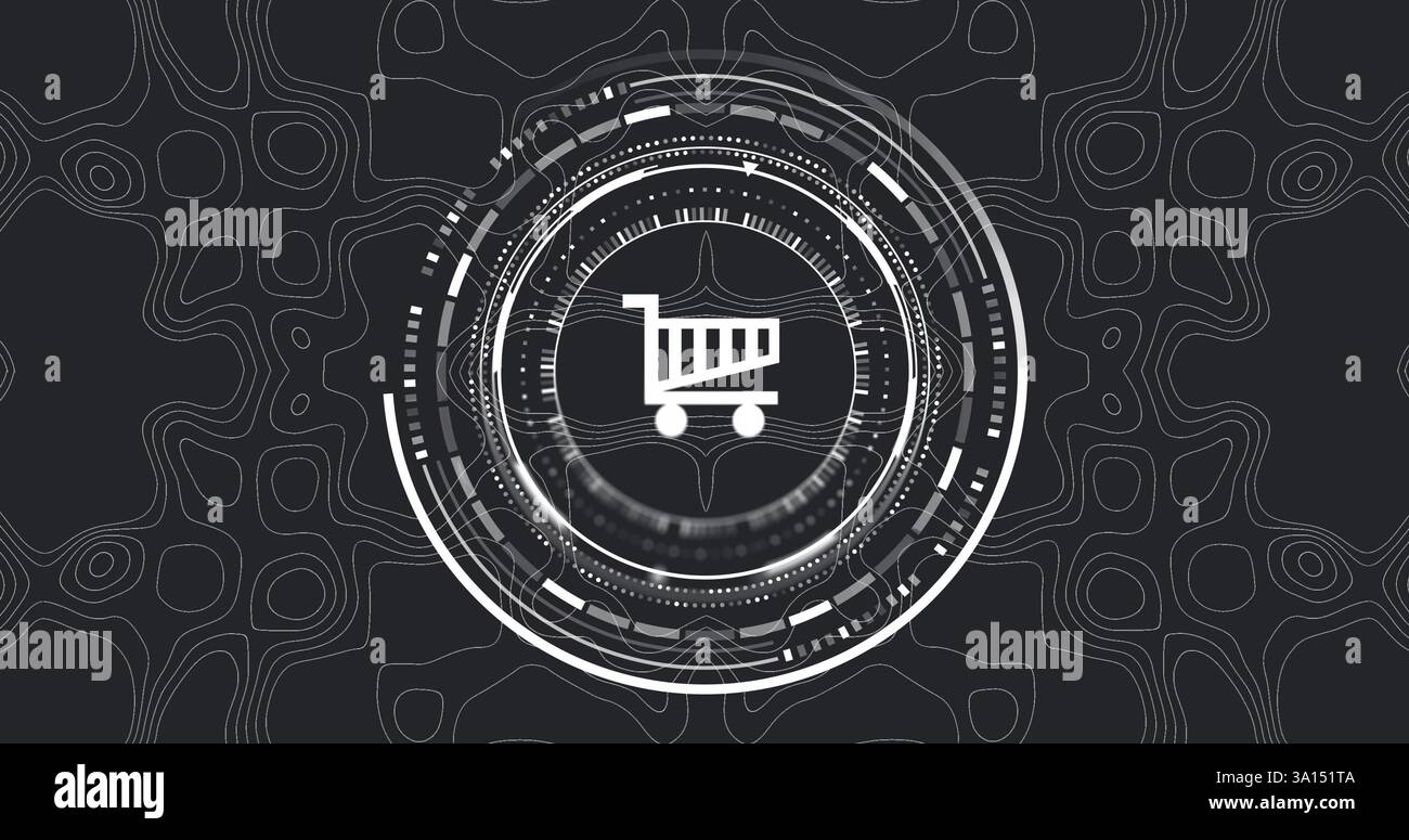 Einkaufswagen-Symbol mit digitalem Schnittstellenbild über abstraktem geometrischem Hintergrund Stockfoto