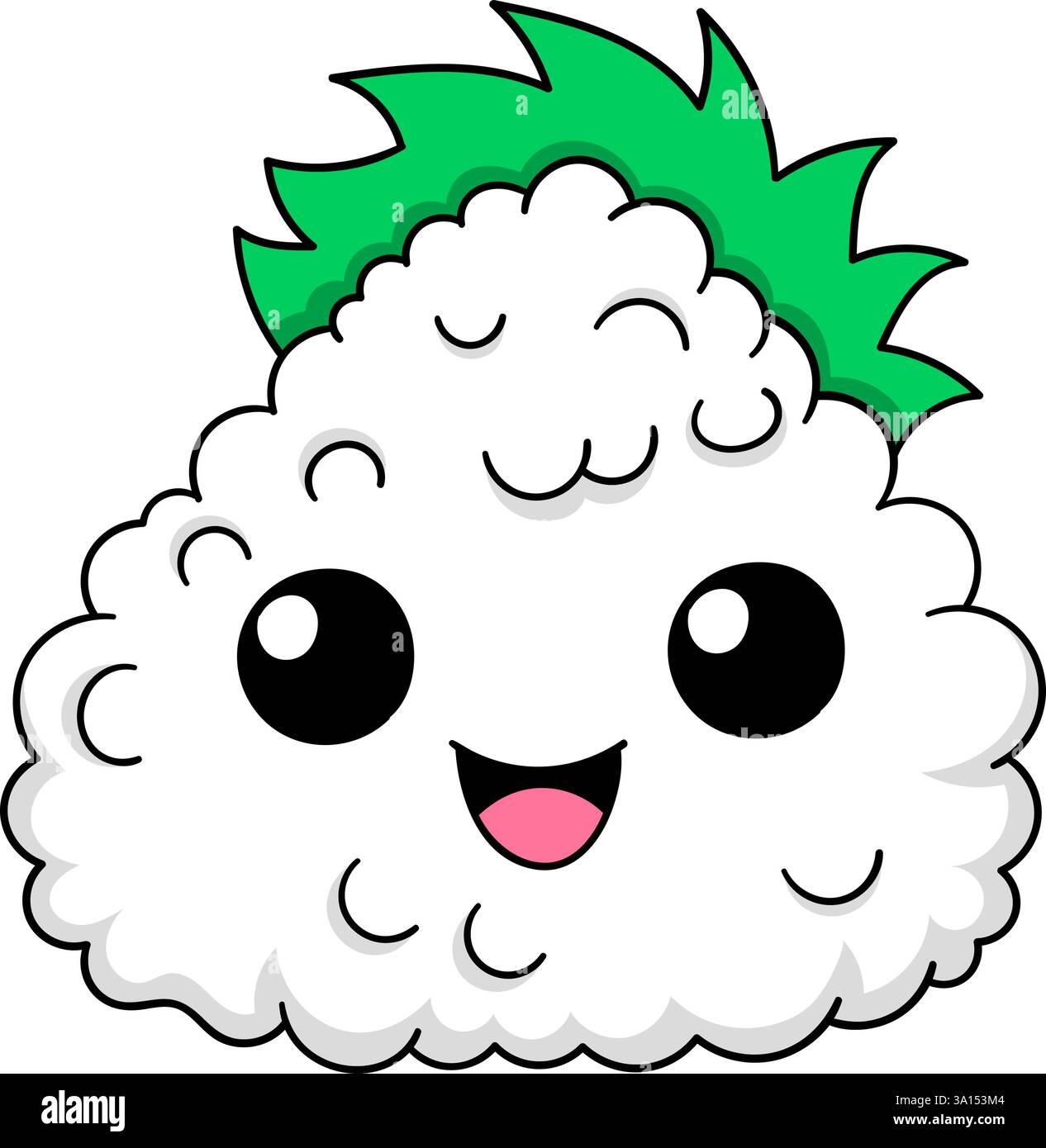 Eine Reiskugel-Figur im Kawaii-Stil mit einem fröhlichen, lächelnden Gesicht mit großen runden Augen und einer grünen Zierde auf der Oberseite Stock Vektor