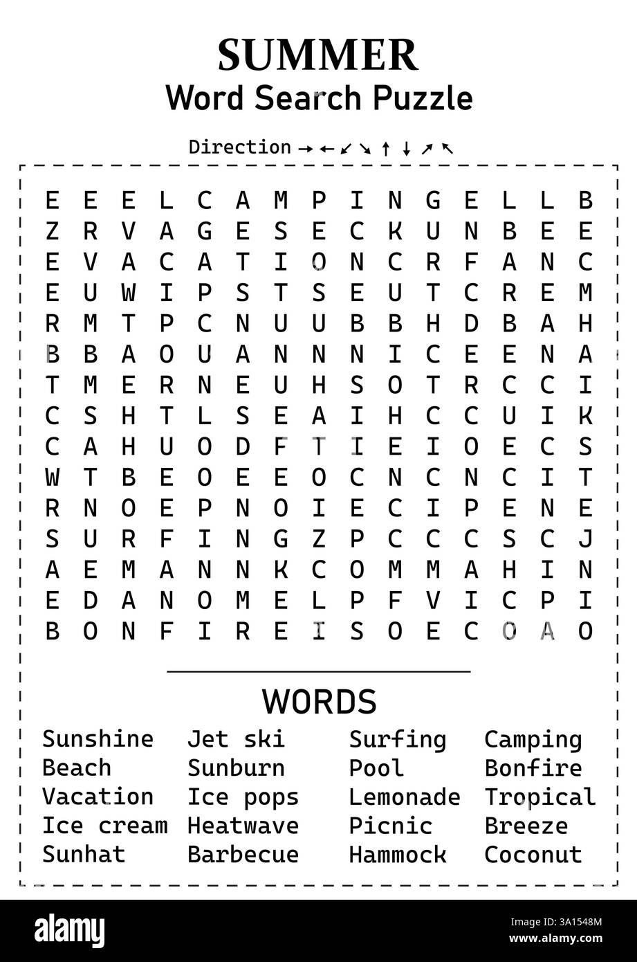 Sommerwortsuche 15x15 Puzzlespiel für Kinder, Jugendliche und Erwachsene – harte, unterhaltsame und lehrreiche Aktivitätsseite mit versteckten Wörtern Stock Vektor