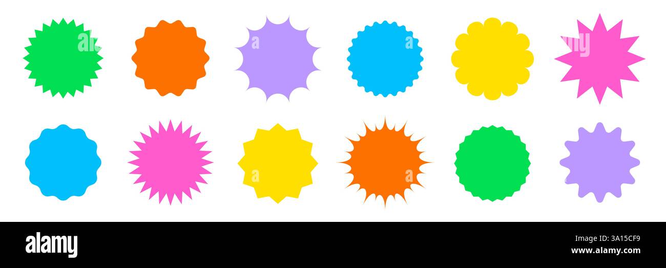 Rundes Sternenaufkleber-Symbol-Set. Kreisförmige Starburst-Etikettenform für Werbeabzeichen, Sonderangebot, Preisangebot. Symbol für runden Tag-Form-Vektor. Sonderangebot mit grafischem Design. Vektorabbildung. Stock Vektor