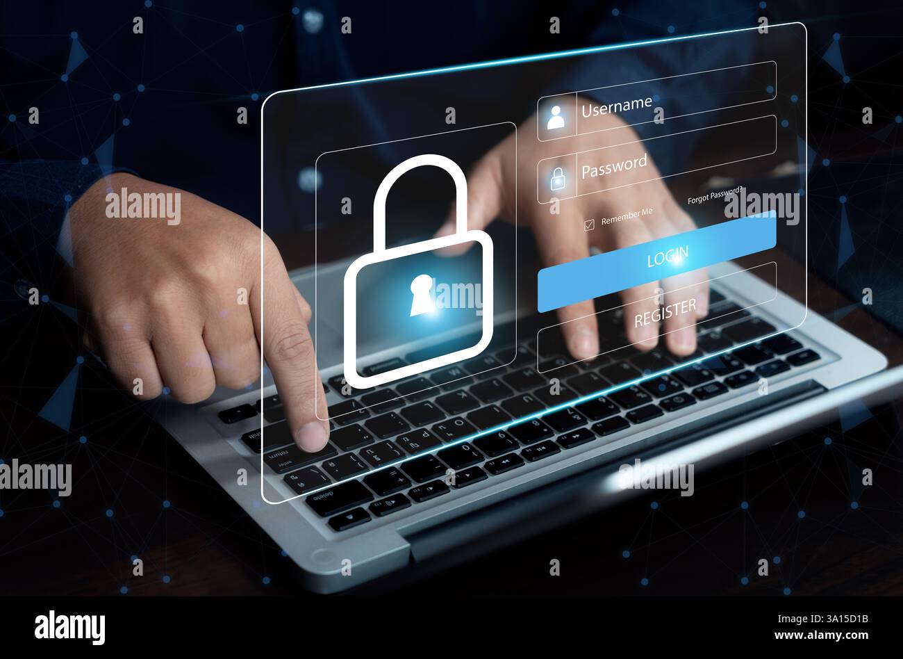 Greifen Sie auf das System mit einer Anmeldung über den Benutzernamen und das Kennwort auf dem virtuellen Bildschirm zu. Cybersicherheit und Schutz personenbezogener Daten. Informationssicherheit, Daten Stockfoto