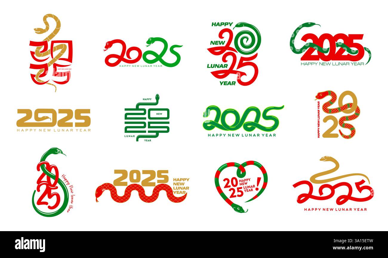 2025 Chinesische Mondneujahrsschlangen mit Reptilien, Tiernymbolen und Zahlen in traditionellen Rot-, Gold- und Grüntönen zum Feiern Stock Vektor