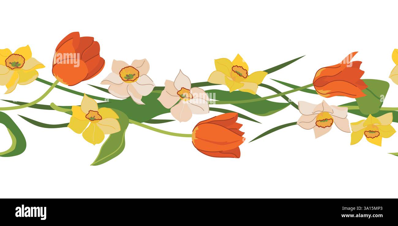 Wunderschöner nahtloser Rand von Tulpen und Narzissen isoliert auf weißem Hintergrund. Rote, gelbe und weiße Frühlingsblumen, Muttertagsgeschenk. Bunte Vektorillustration in flachem Stil. Stock Vektor