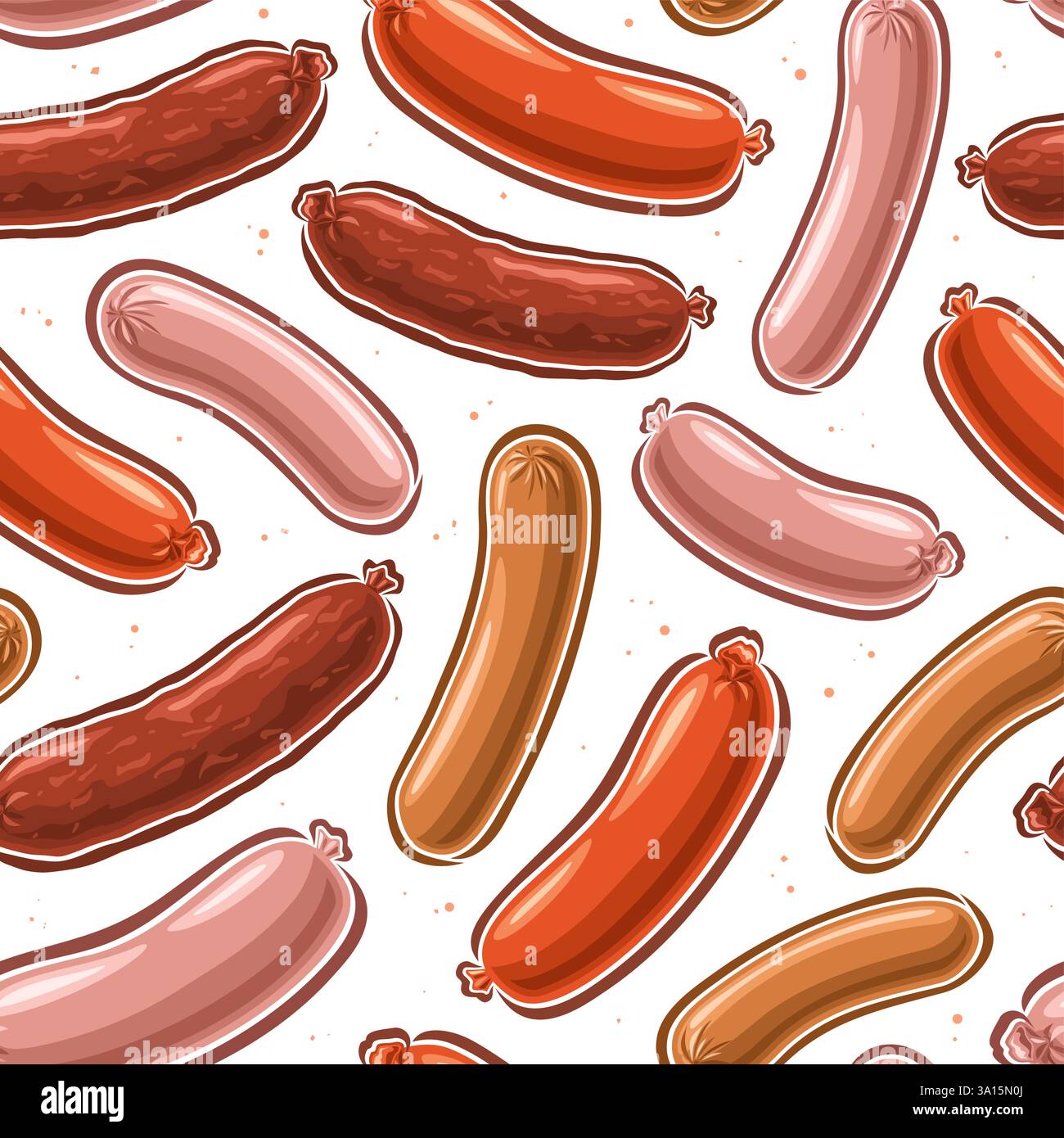 Vektor-Wurst nahtloses Muster, dekorativer Hintergrund mit Sammlung von rohen fliegenden Würsten für Verpackungspapier, quadratisches Plakat mit Gruppe von flachen la Stock Vektor