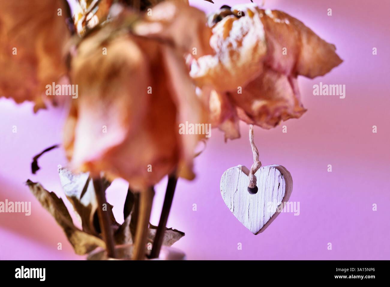 Braune hölzerne herzförmige und getrocknete Blumen, Paarbeziehung oder Valentinstag, Leidenschaft und Liebe Stockfoto