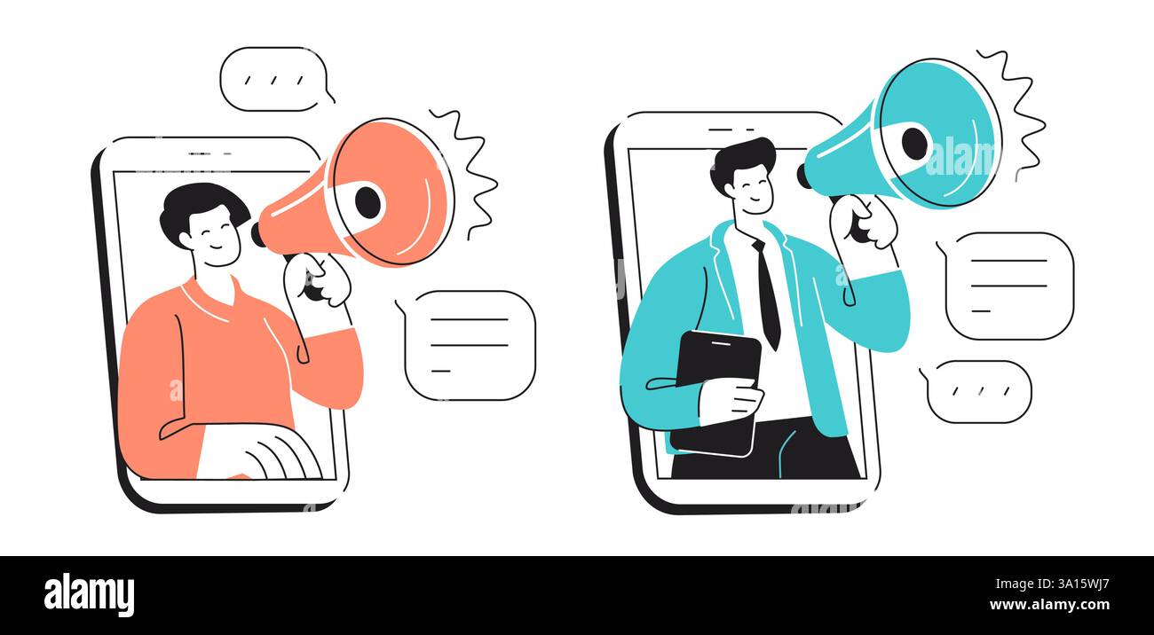 Unternehmensförderung, Marketing in sozialen Medien und Werbung. Der Mensch nutzt Megaphon-Lautsprecher, um wichtige Nachrichten zu verkünden Stock Vektor