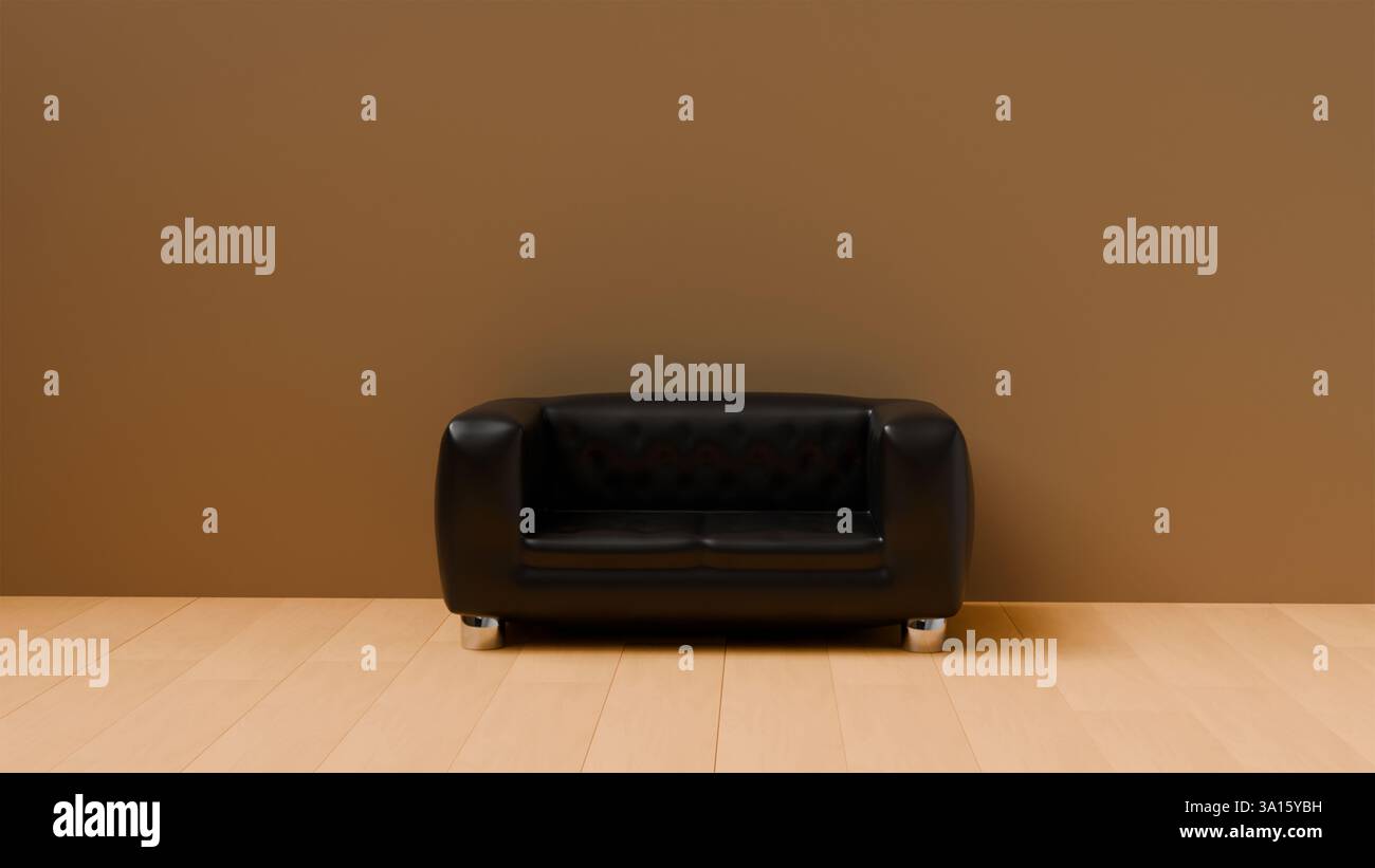 3D-Modell mit schwarzem gestepptem Zweisitzer-Sofa aus Leder in einem hellen Raum mit Parkett, Polstermöbeln und Sofadesign Stockfoto