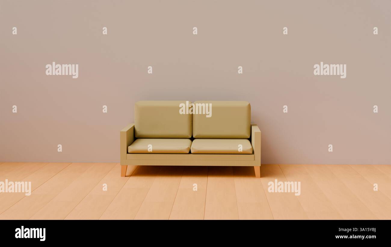 3D-Modell eines zweisitzigen beigefarbenen Sofas aus Stoff in einem hellen Raum auf Parkett, Polstermöbeln und Sofadesign Stockfoto