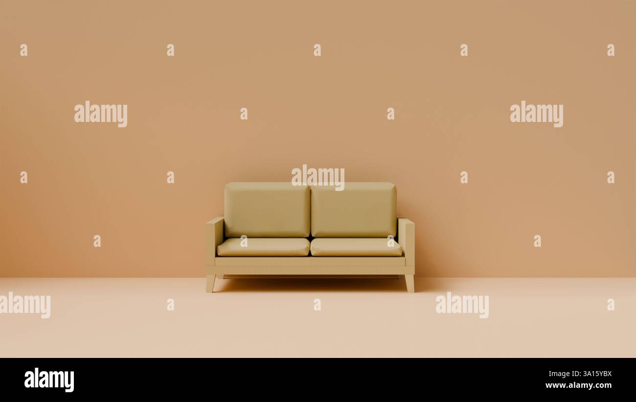 3D-Modell eines zweisitzigen beigen Sofas aus Stoff in einem hellen Raum, gepolsterte Möbel, Sofadesign Stockfoto