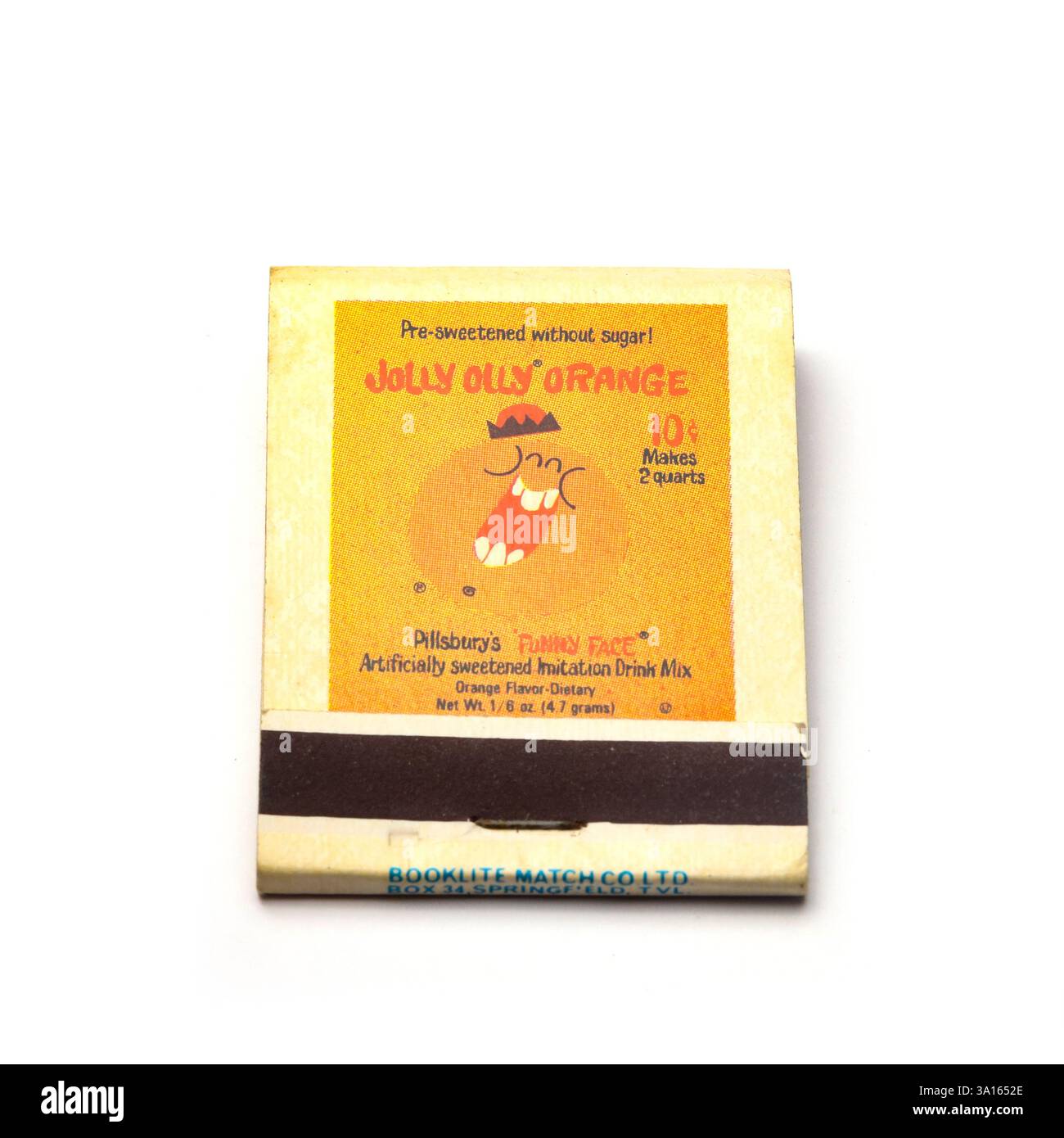 Jolly Olly Orange Juice Vintage Streichholzbuch Stockfoto