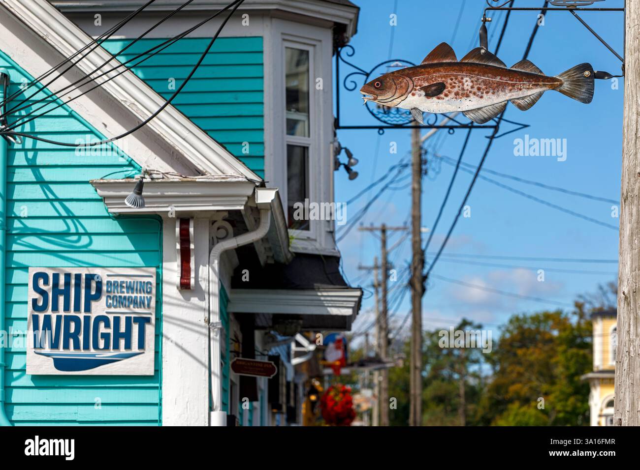 Kanada, Provinz Nova Scotia, Lunenburg, UNESCO-Weltkulturerbe, Altstadt, Straßendekoration mit Metallfischen Stockfoto
