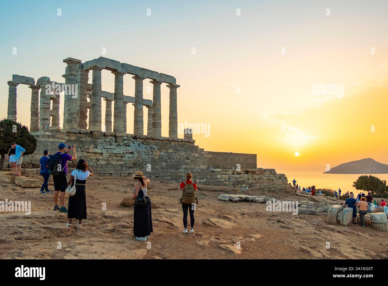 Griechenland, Attika, Kap Sounion, die Ruinen des Tempels von Poseidon, erbaut in der Mitte des 5. Jahrhunderts v. Chr. Stockfoto