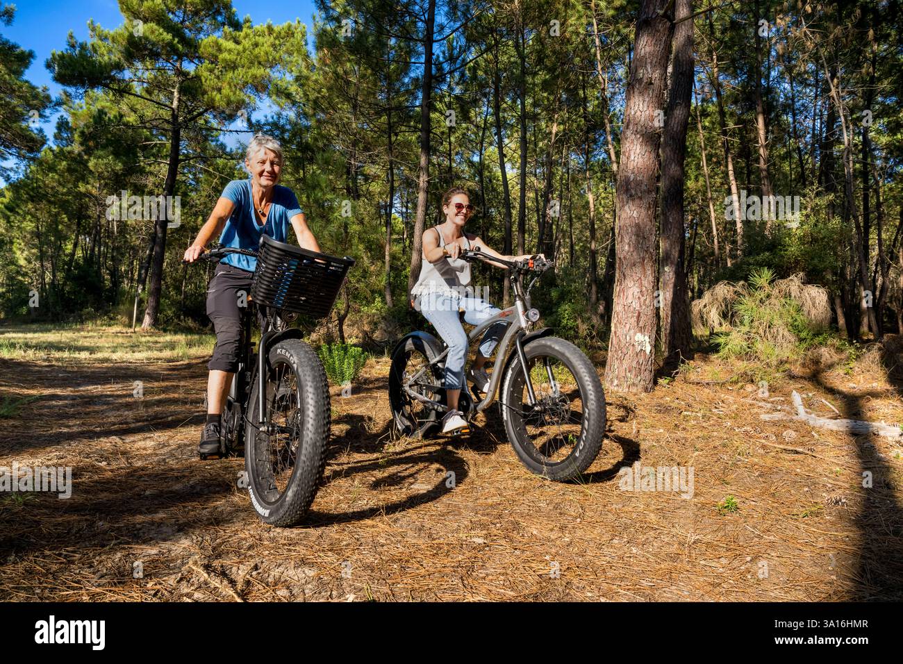 Frankreich, Charente-Maritime, Royan, La Tremblade, Radfahrer mit Fat Bikes auf den Sandwegen des Coubre und Combots d’Ansoine Nationalwaldes entlang des Atlantiks nördlich von La Palmyre Stockfoto