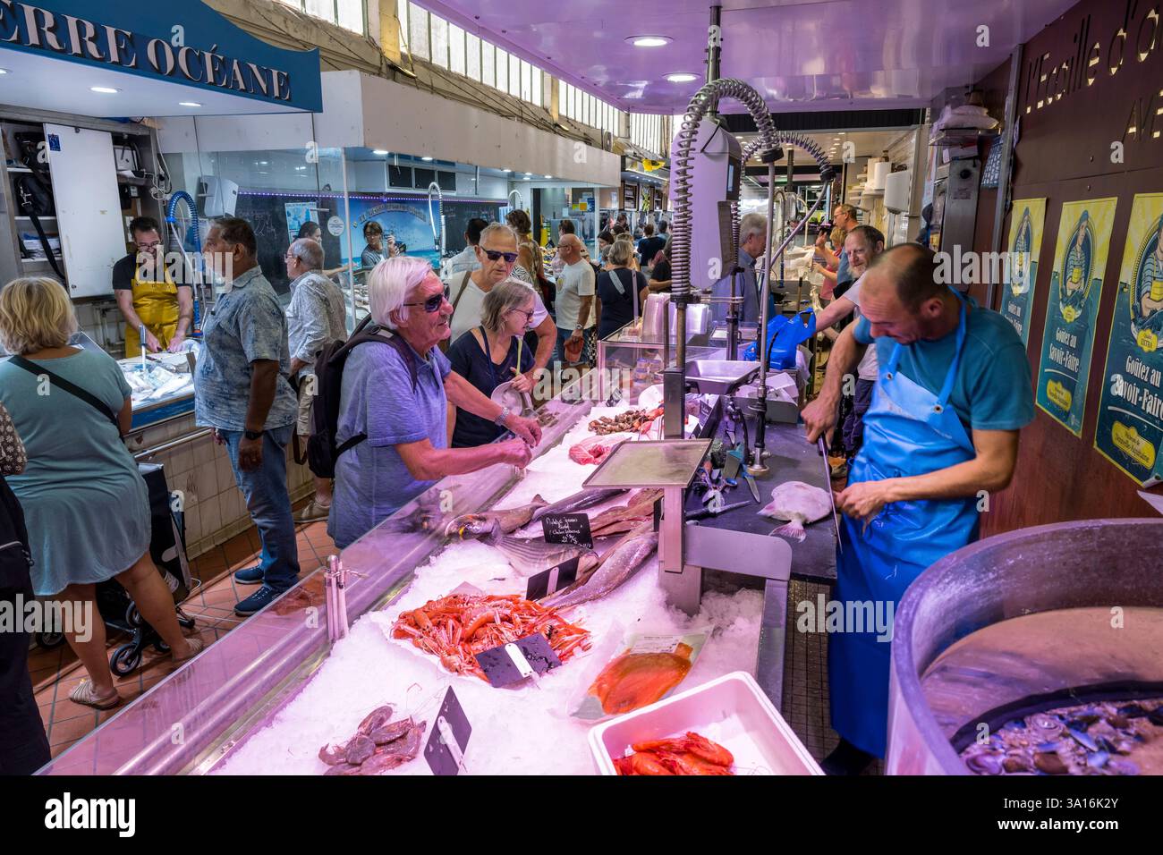 Frankreich, Charente Maritime, La Rochelle, der alte überdachte Markt aus dem 19. Jahrhundert, Fischhändler-Stall Stockfoto