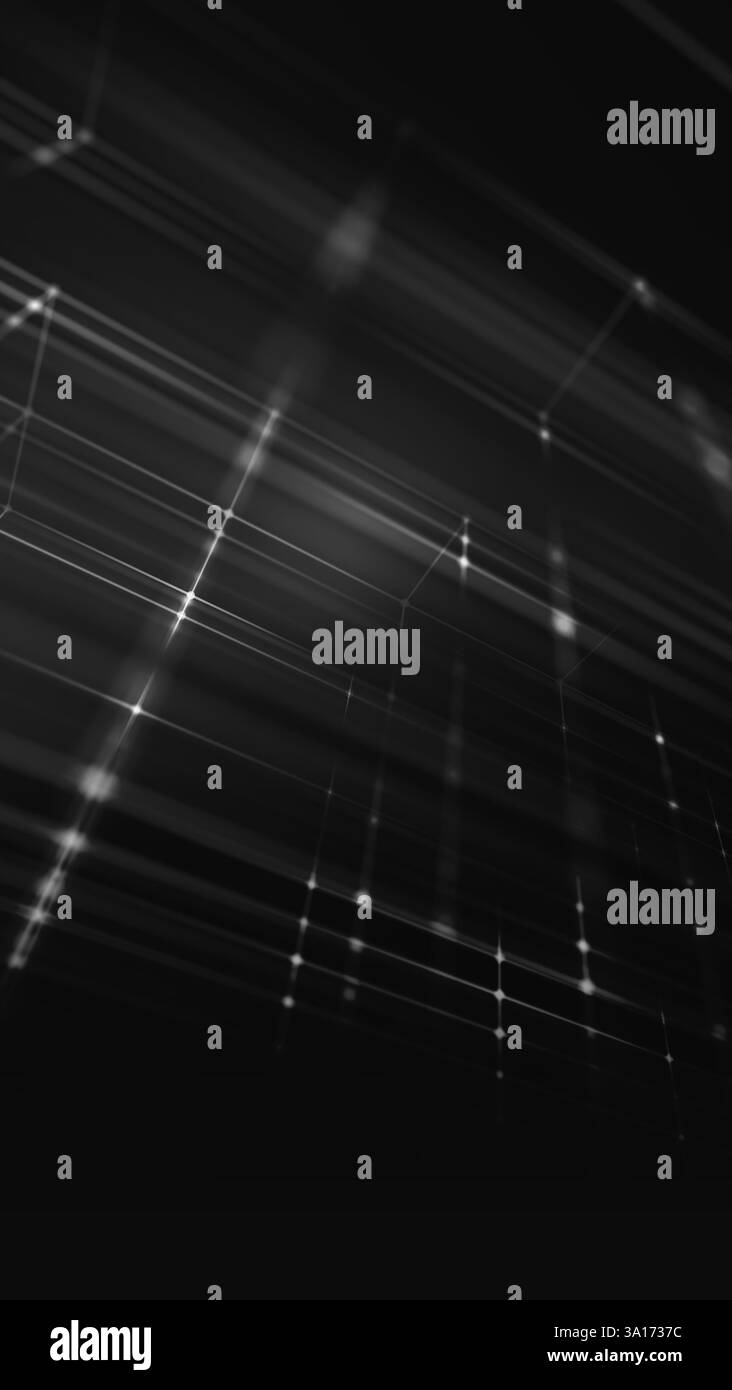 Leuchtende Punkte und Linien stellen erweiterte Netzwerkverbindungen in einer Visualisierung der technologischen Datenübertragung auf schwarzem Hintergrund dar Stockfoto
