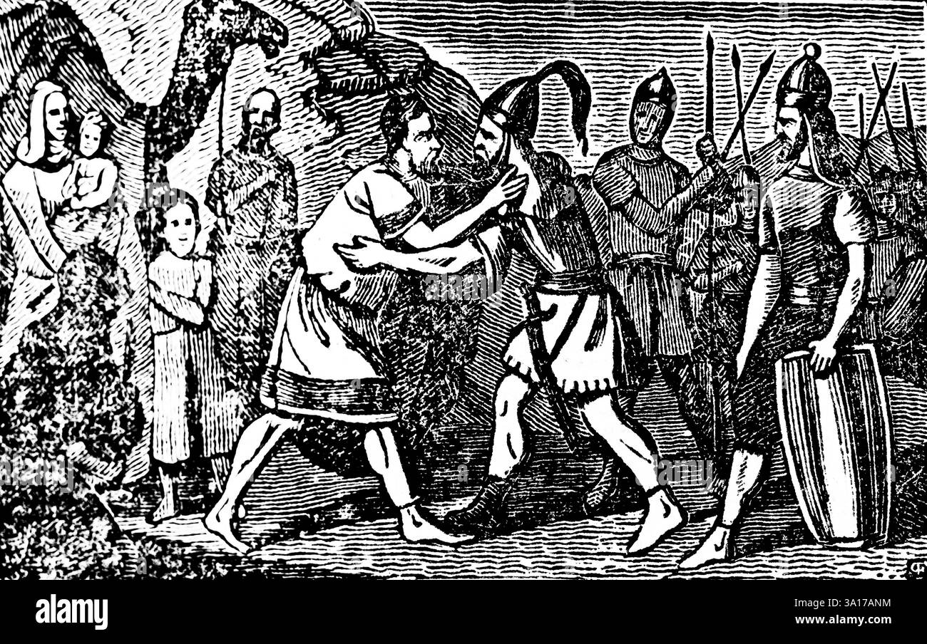 Umarmung und Versöhnung der Brüder Jakob und Esau in Kanaan, Familie, Frau, Kinder, Soldaten mit Helmen und Lanzen, Genesis, Holzschnitt, Chri Stockfoto
