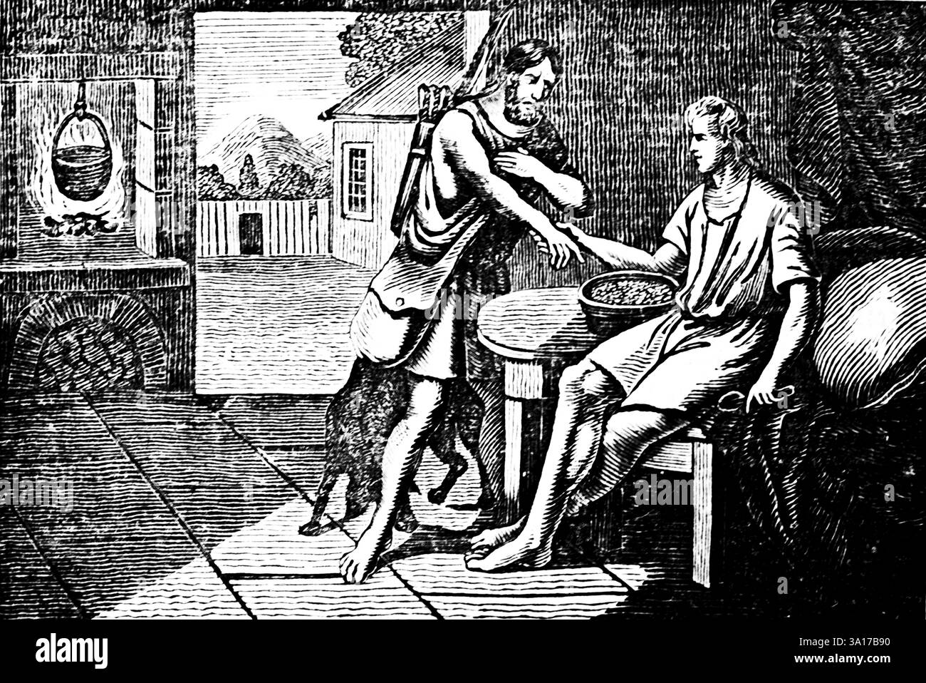 Esau verkauft seinem Bruder Jakob das Recht des Erstgeborenen gegen Linsenmahlzeit, Zimmer, Herd mit Feuer und Topf, Tisch, Austausch, Handel, Frivol Stockfoto