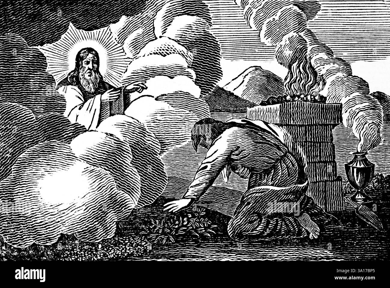 Gott im Himmel spricht zu dem frommen und tugendhaften Patriarchen Abraham, Reise nach Kanaan, Opferfeuer, Weihrauch, Genesis, Holzschnitt, Christoph Schmid's B Stockfoto