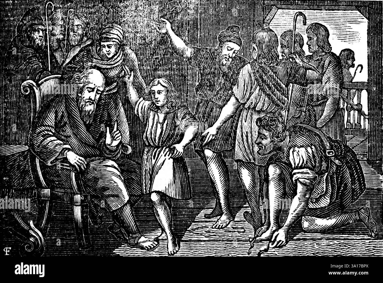 Jakobs Sohn Joseph erzählt den Brüdern seine Träume, Sessel, Familie, Zuhörer, Innenraum, Genesis, Holzschnitt, Christoph Schmidts biblische Geschichte 1831 Stockfoto