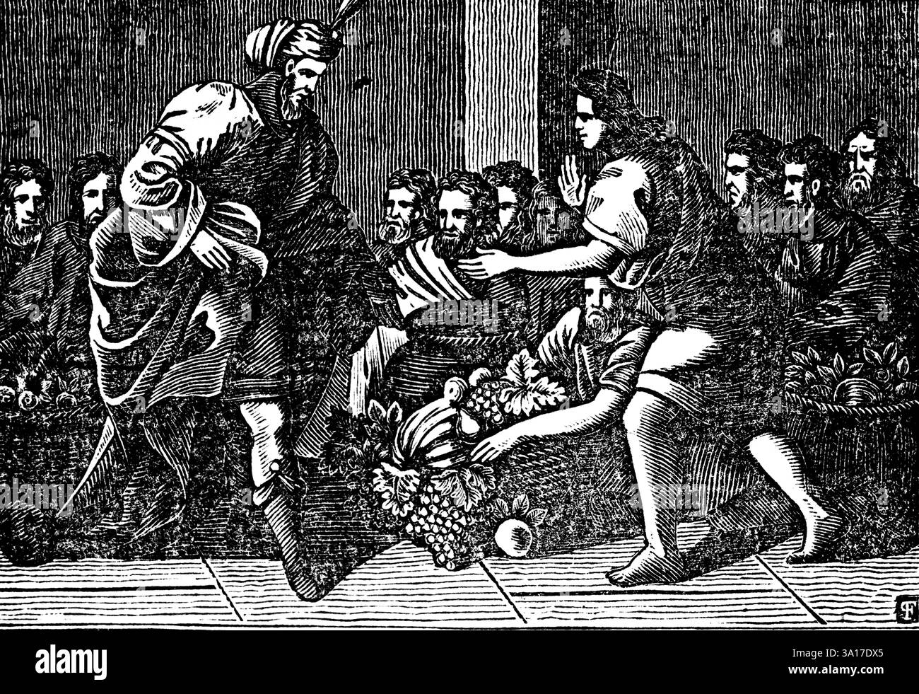 Joseph und sein jüngster Sohn Benjamin treffen sich in Ägypten, alle Brüder sitzen zusammen am Tisch, um zu essen, Obst, Trauben, Genesis, Holzschnitt, Christoph Schm Stockfoto