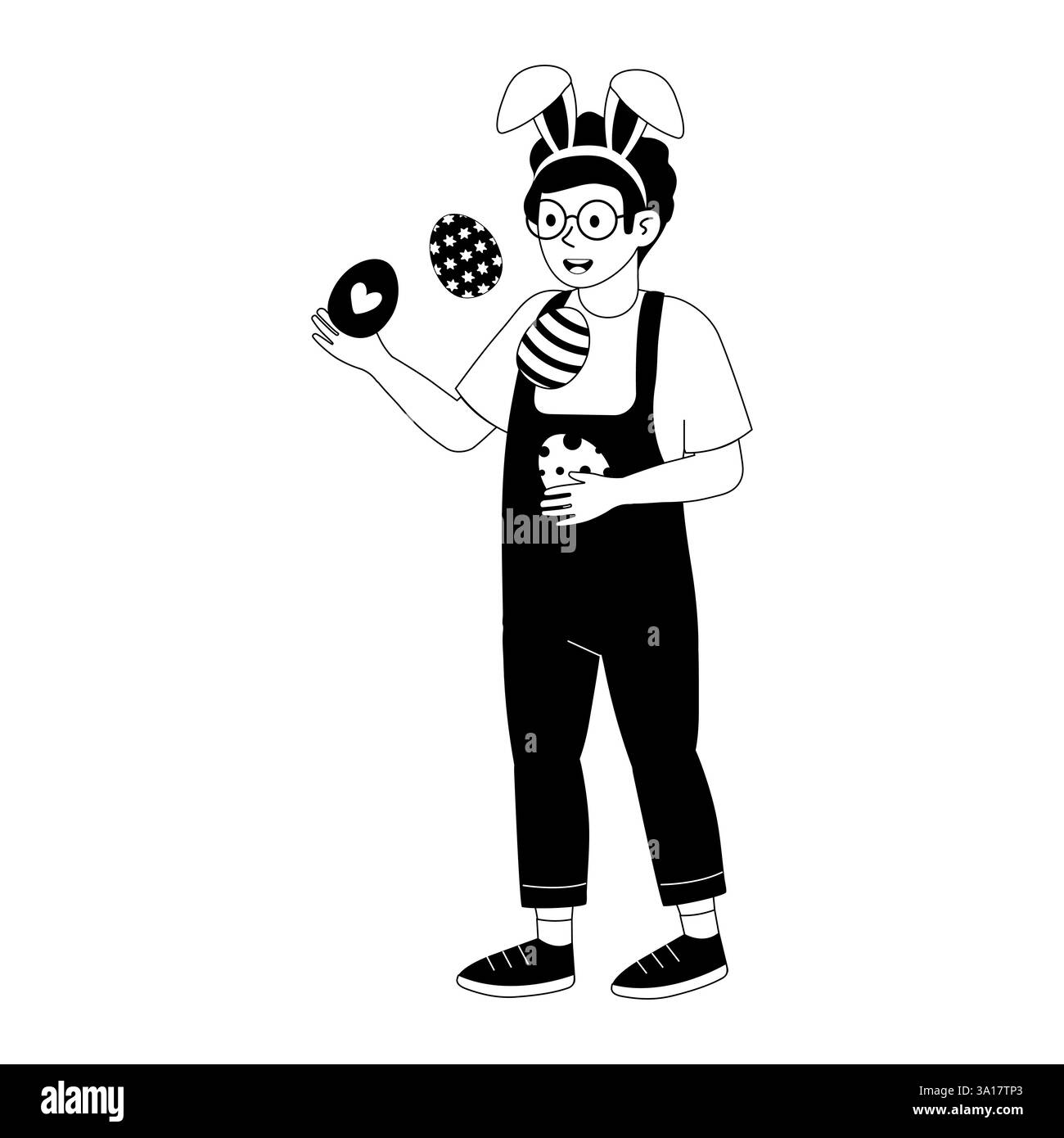 Person in Hasenohren jongliert mit bunten Eiern und hält einen Keks drinnen während der Frühlingsfeier Stock Vektor