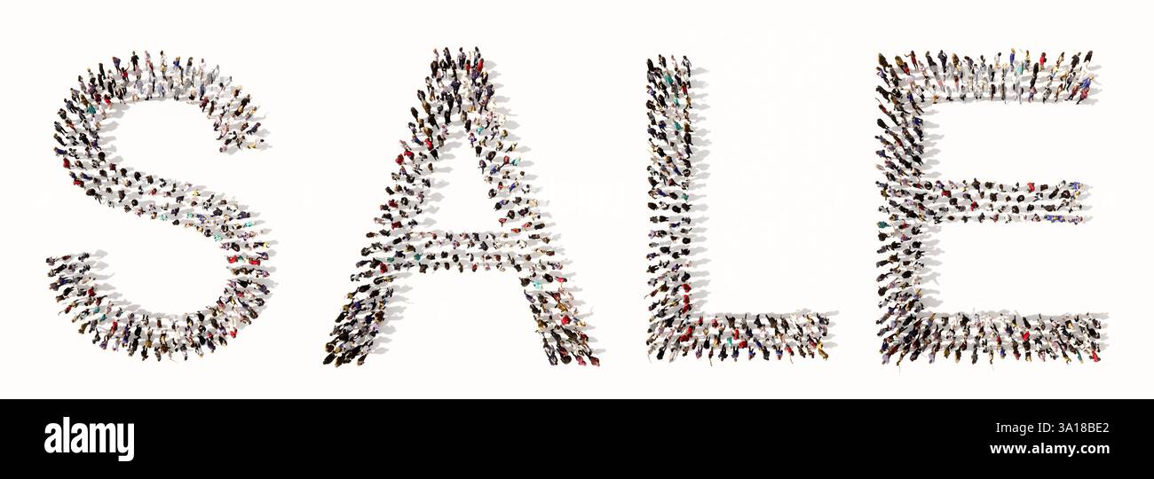 Konzept oder Konzept große Gemeinschaft von Menschen, die den Slogan „VERKAUF“ bilden. 3D-Illustration Metapher für Marketing, Promotion, Shopping, Sonderpreis Stockfoto