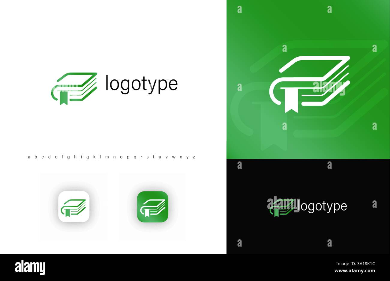 Minimalistisches Buchlogo mit abstrakten grünen Linien und Lesezeichen. Modernes Bildungs- und Wissenssymbol für Schulen, Universitäten, Verlagswesen, digitale Medien Stock Vektor