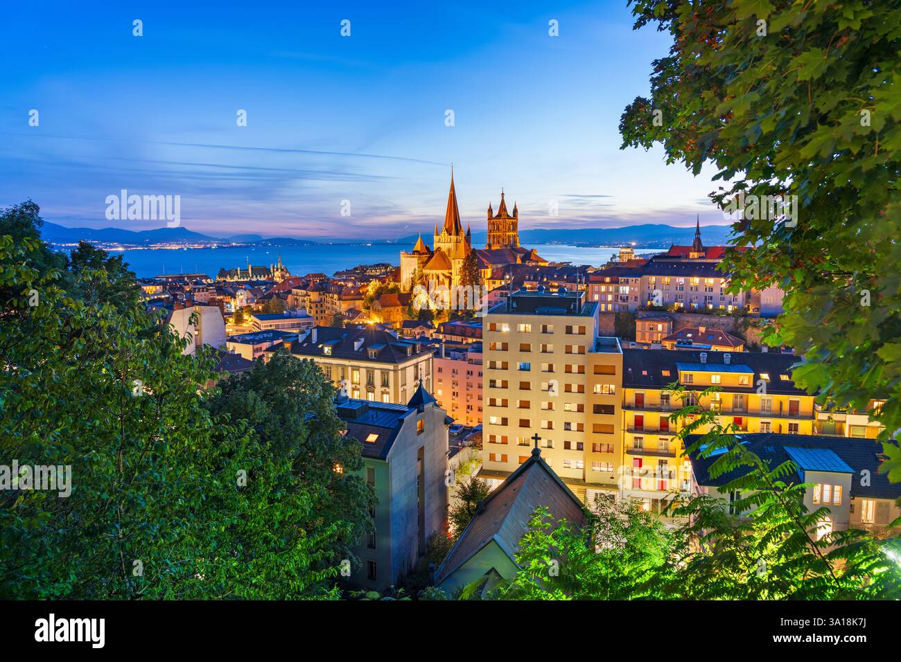Lausanne, Schweiz, historische Kathedrale und Stadtbild in der Innenstadt zur blauen Stunde. Stockfoto