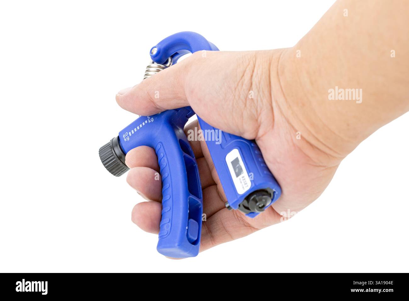 Einstellbare, gewichtete Trainingsgeräte zum Drücken der Hand, isoliert auf weißem Hintergrund. Stockfoto