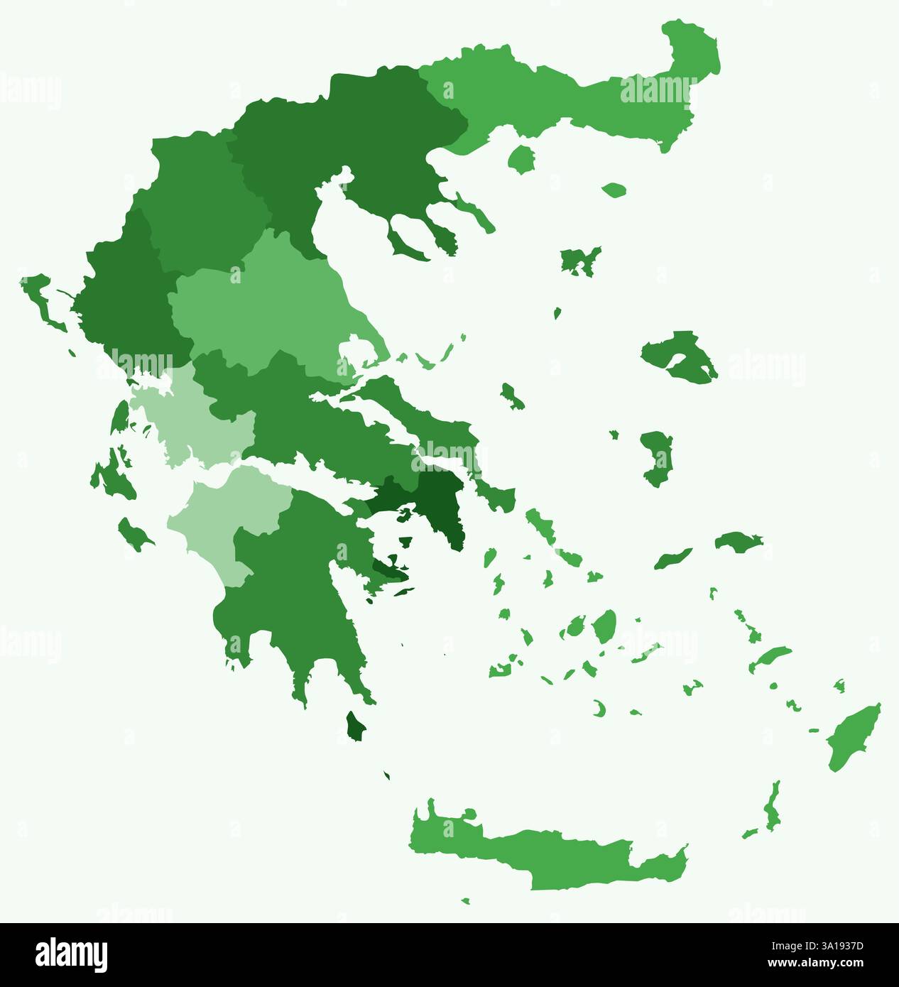 Karte von Griechenland mit Regionen. Nur eine einfache Ländergrenzkarte mit regionaler Aufteilung. Grüne Farbpalette. Stock Vektor