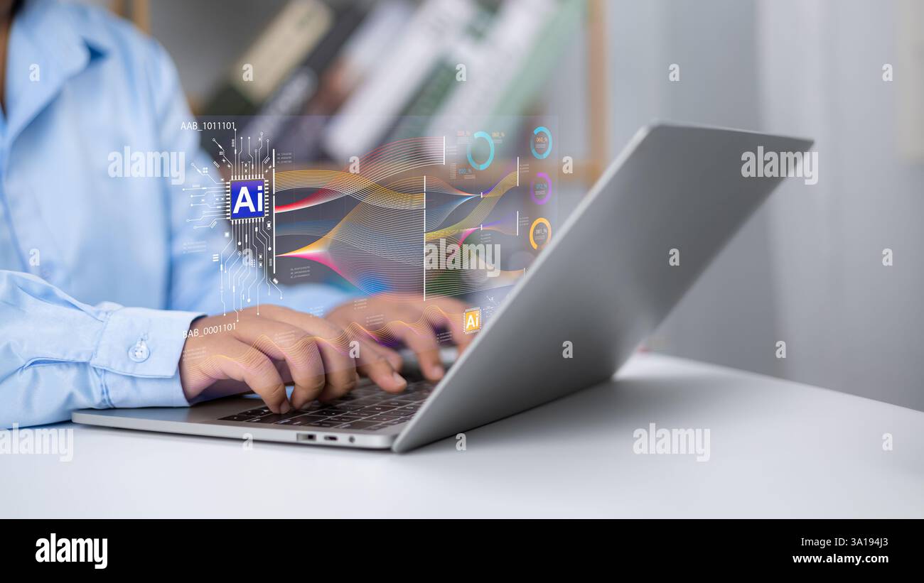 Künstliche Intelligenz um das Geschäft effizienter zu machen, nutzt Geschäftsmann KI-Technologie, um Big Data zu analysieren und im täglichen Leben zu nutzen, KI te Stockfoto