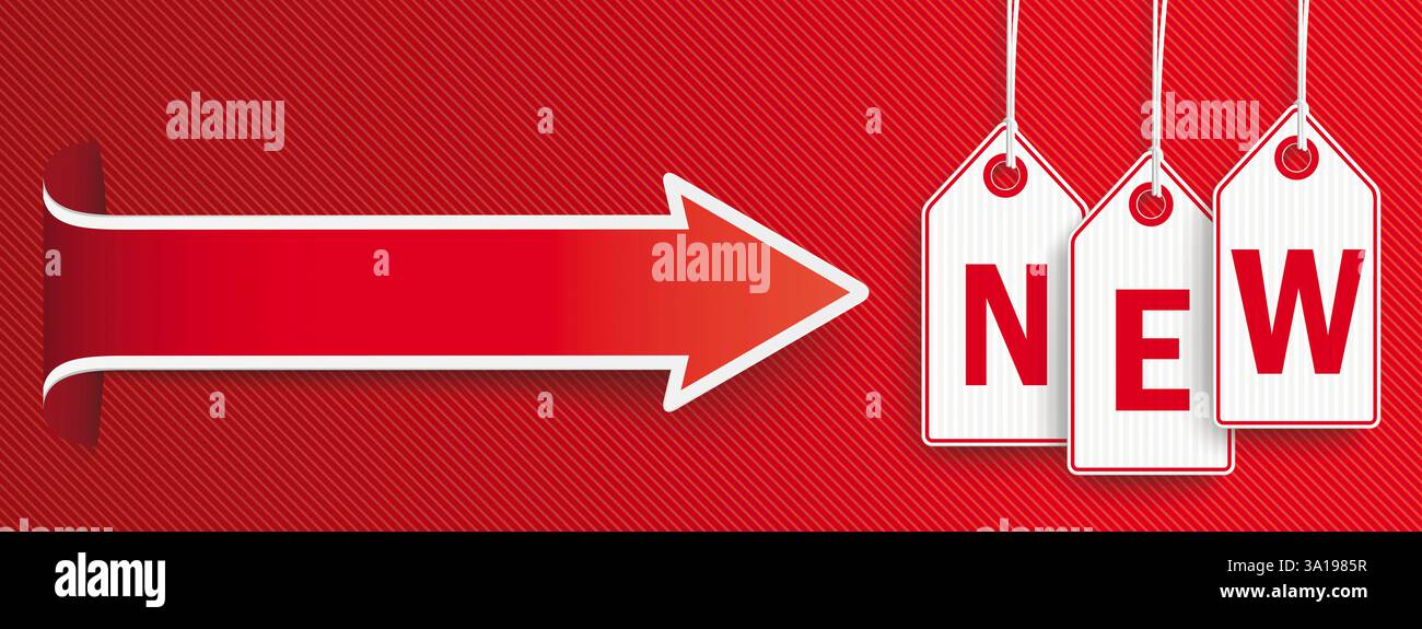Preisaufkleber mit Pfeil und Text Neu. Stockfoto