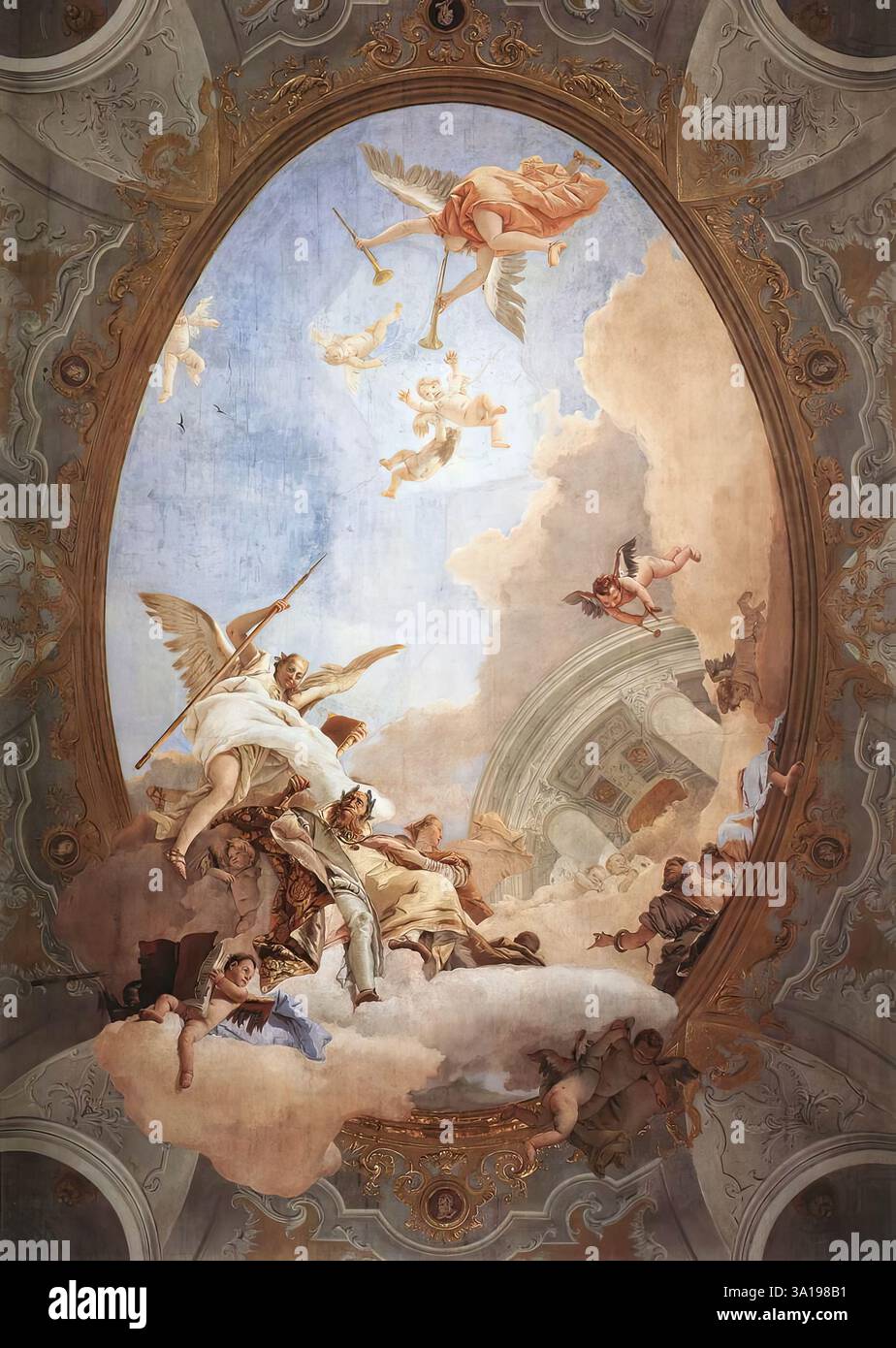 TIEPOLO, Giovanni Battista (* 1696, Venezia, d. 1770, Madrid) Verdienstorden begleitet von Adel und Tugend 1757-58 Fresko, 1000 x 600 cm Museo del Settecento Veneziano, Ca' Rezzonico, Venedig das ovale Deckenfresko zeigt auf der linken Seite die Verdienstoryfigur, die von einem älteren, bärtigen Mann mit Lorbeerkranz verkleidet. Begleitet von Adel und der geflügelten Gestalt der Tugend, in weiß gekleidet, erhebt er sich auf einer von Putten bevölkerten Wolke zum Tempel der Herrlichkeit. Am oberen Bildrand kündigt Fame den Ruhm des Verdienstes an, indem sie ihre Trompeten klingen lässt. Das m Stockfoto