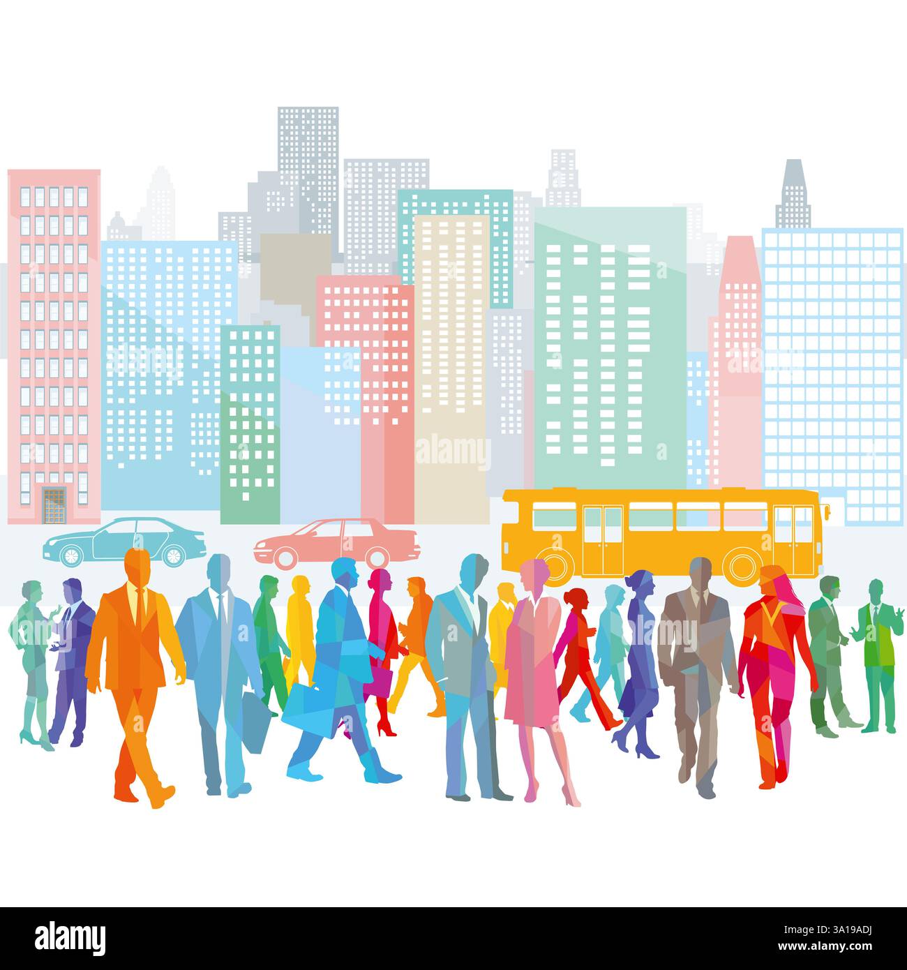 Große Stadt mit Menschenmassen und Verkehr Stockfoto