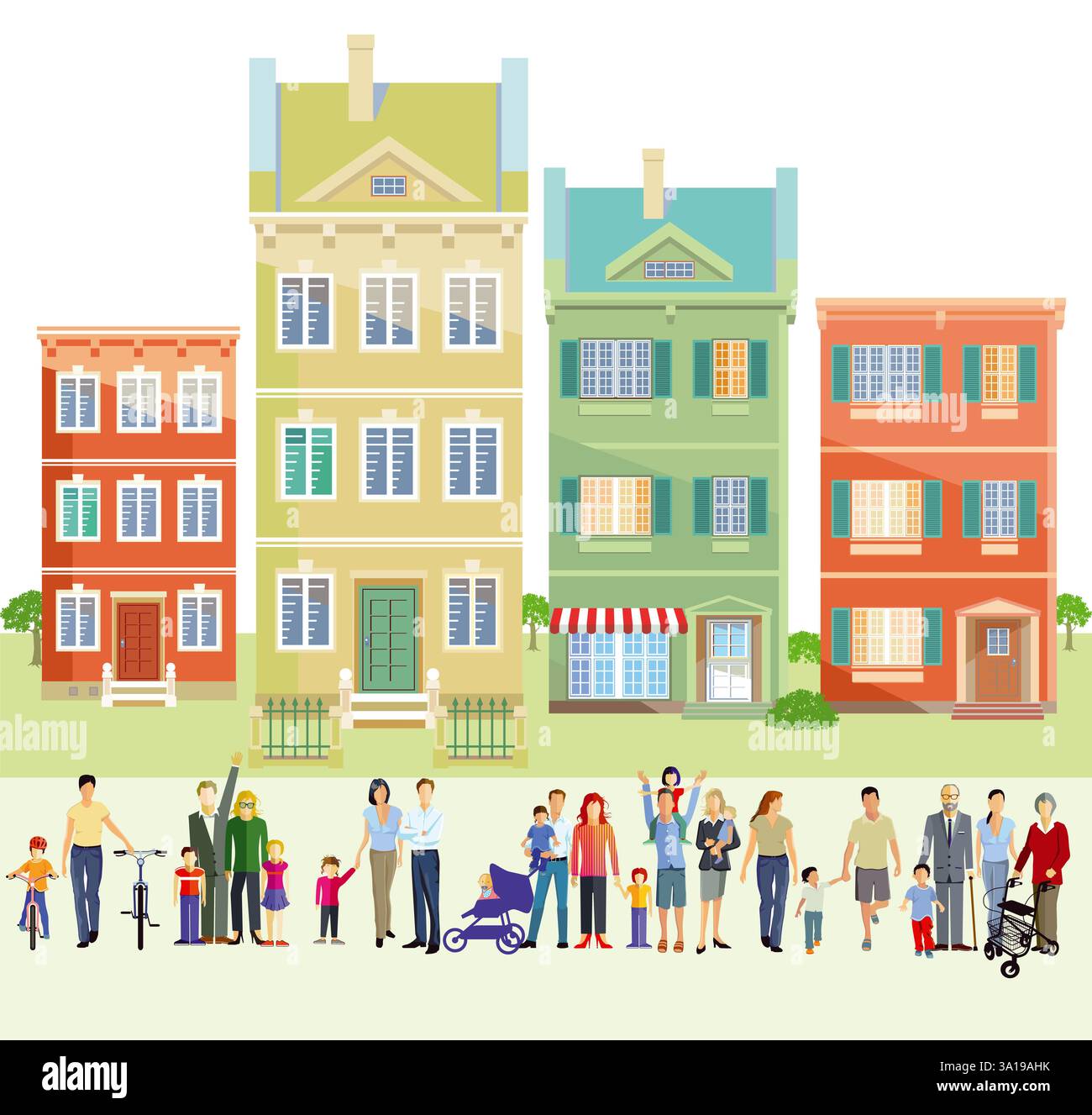 Familiengruppen vor Häusern, Illustration Stockfoto