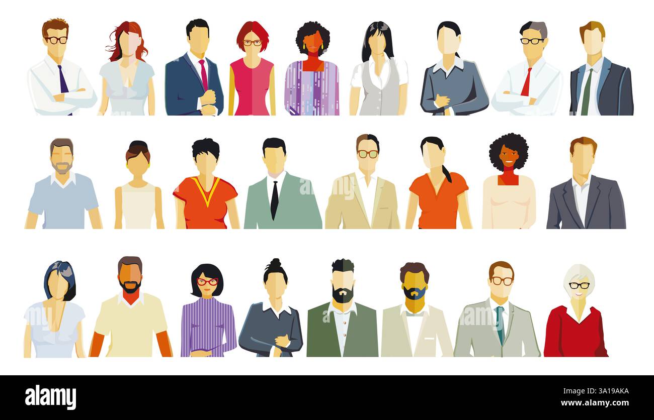 Personengruppe Porträt, Gesichter isoliert auf weißem Hintergrund. Abbildung Stockfoto