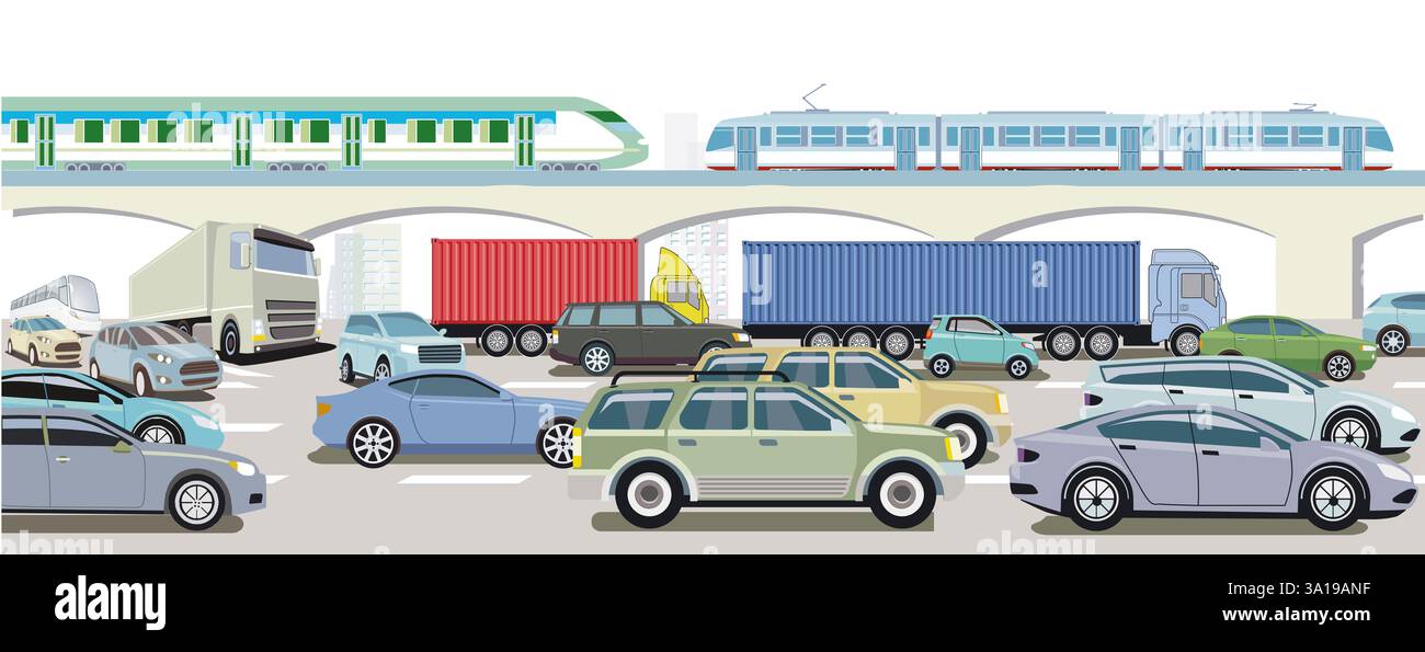 autobahn mit Expresszug, LKW und Pkw, Illustration Stockfoto