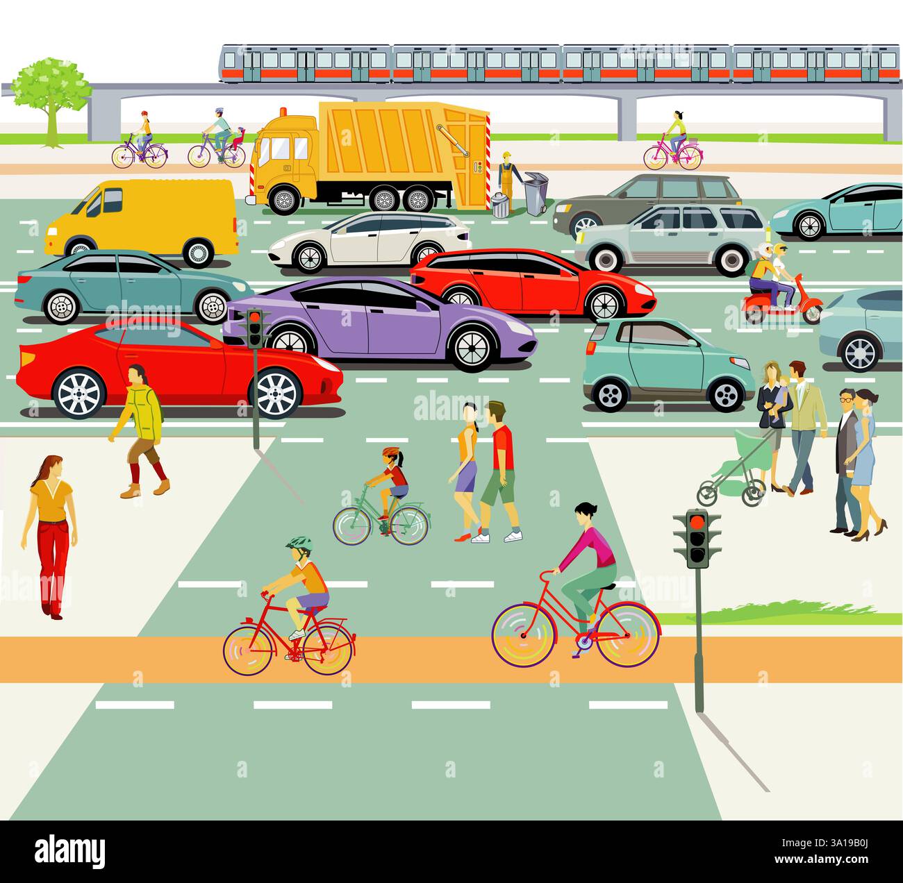 Stadtsilhouette einer Stadt mit Verkehr und Menschen, Illustration Stockfoto