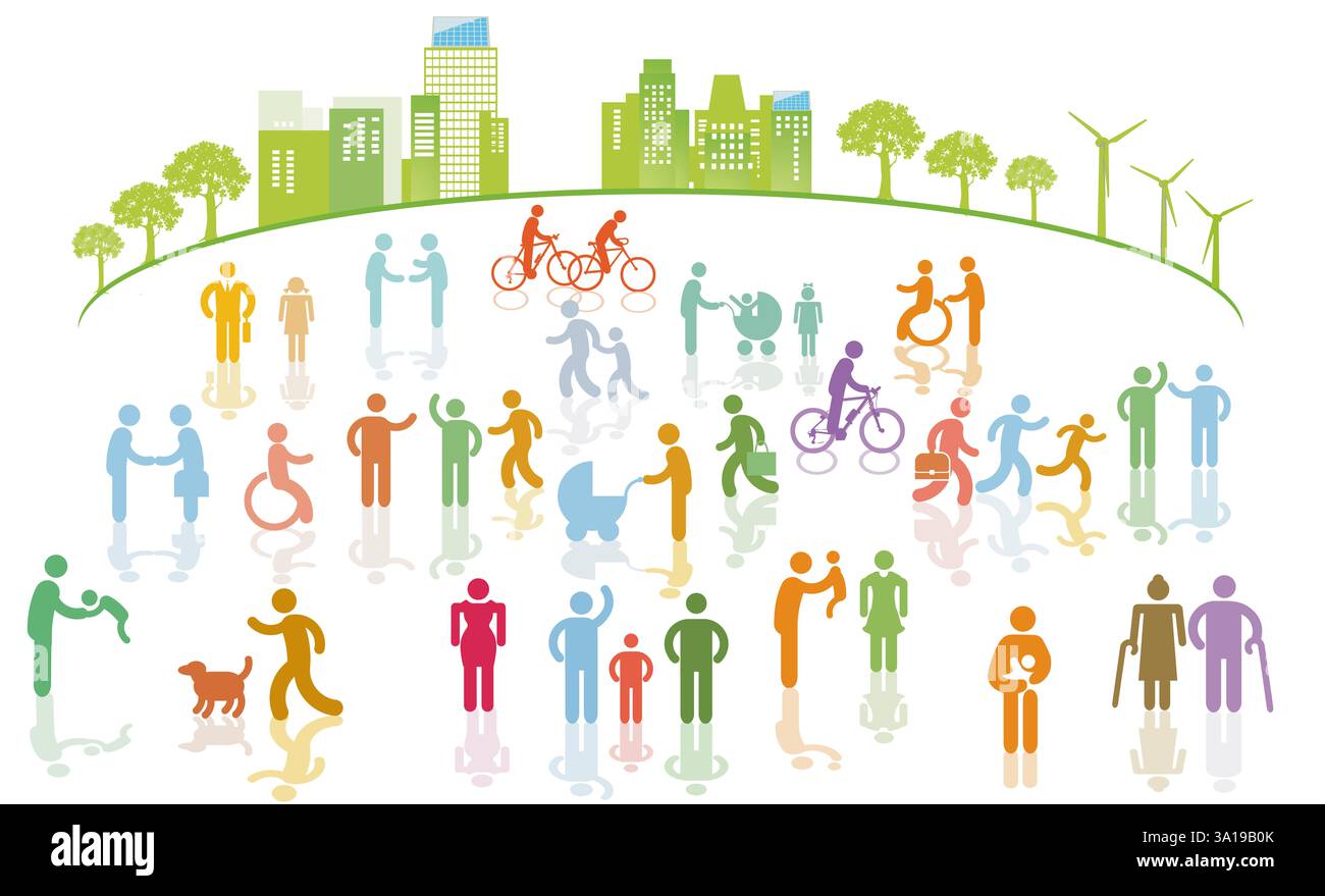 Stadtsilhouette mit Gruppen von Personen in ihrer Freizeit in einem Wohngebiet, Ausschnitt, neutraler Hintergrund, Piktogramm-Illustration Stockfoto