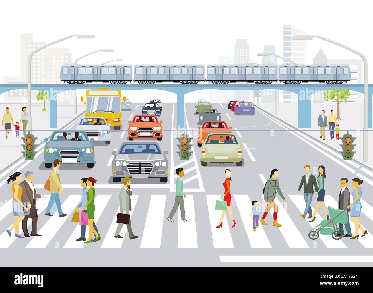 Stadtbild einer Metropole mit Verkehr und Fußgängern, Illustration Stockfoto