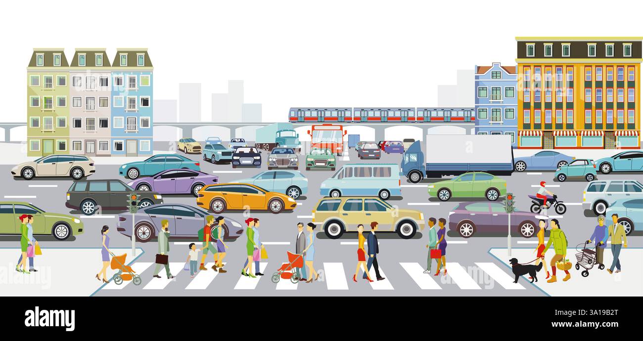 Skyline einer Stadt mit Verkehr und Menschen, Illustration Stockfoto