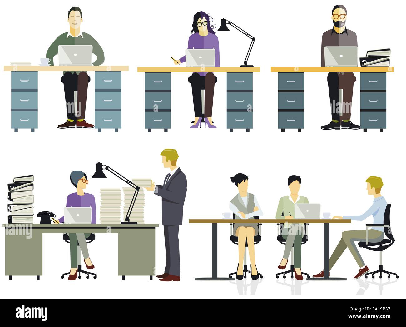 Mitarbeiter, die in einem Büro zusammenarbeiten, Illustration, Stockfoto