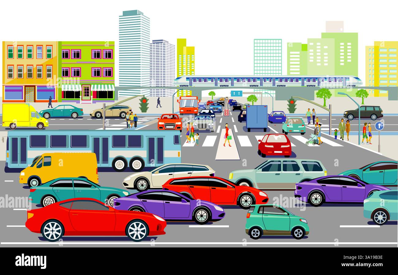 Stadtsilhouette einer großen Stadt mit Menschen und Verkehrsstaus, Illustration Stockfoto