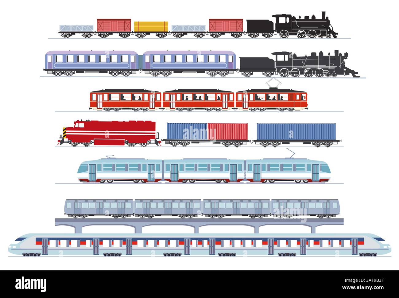 Eisenbahn- und Expresszüge, Straßenbahnen, Illustration Stockfoto